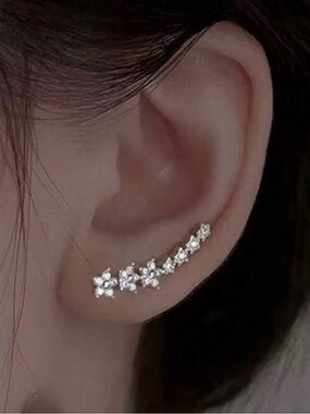 Silver Tone Crystal Floral Ear Crawler/Climber/Clip Earrings